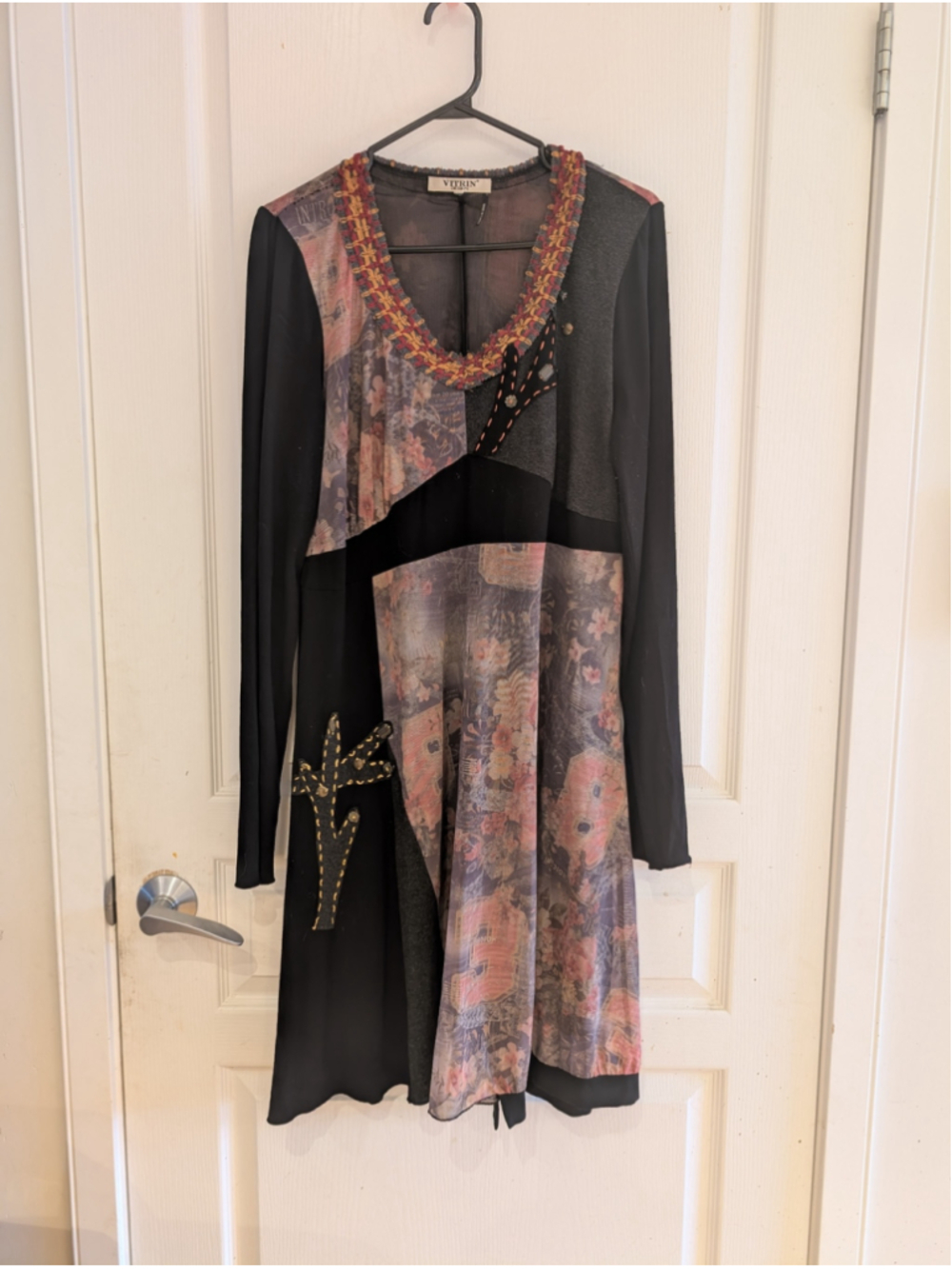 Women's Vitrin Design Long Sleeve Dress M Black Multi-color Floral Patchwork